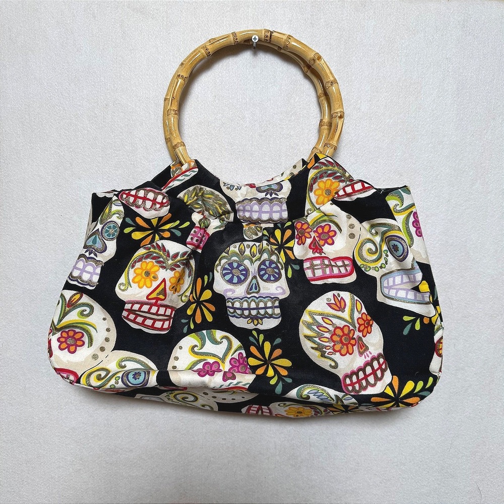 Mis Cositas Sugar Skull Handbag Bamboo Ring Handle Day of the Dead Black Multi